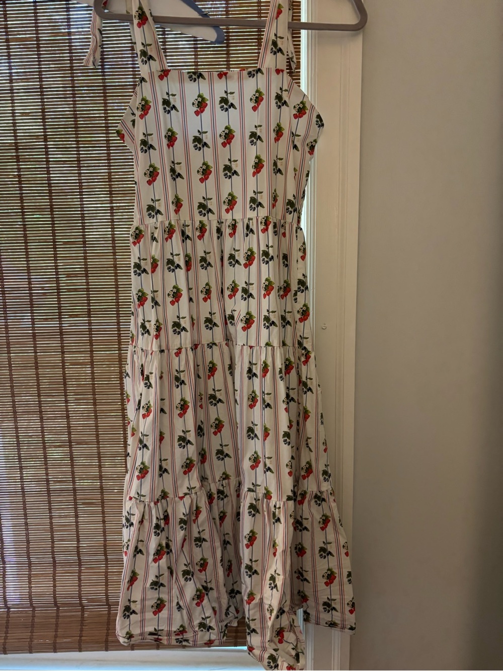 White Floral Stripe Tiered Sundress with Red Cherry Print